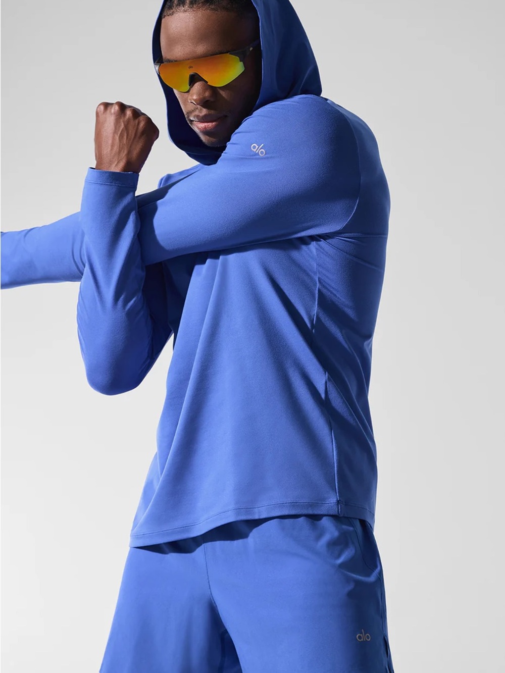 ALO Yoga Conquer Reform Long Sleeve With Hood Marathon Blue Mens Hoodie